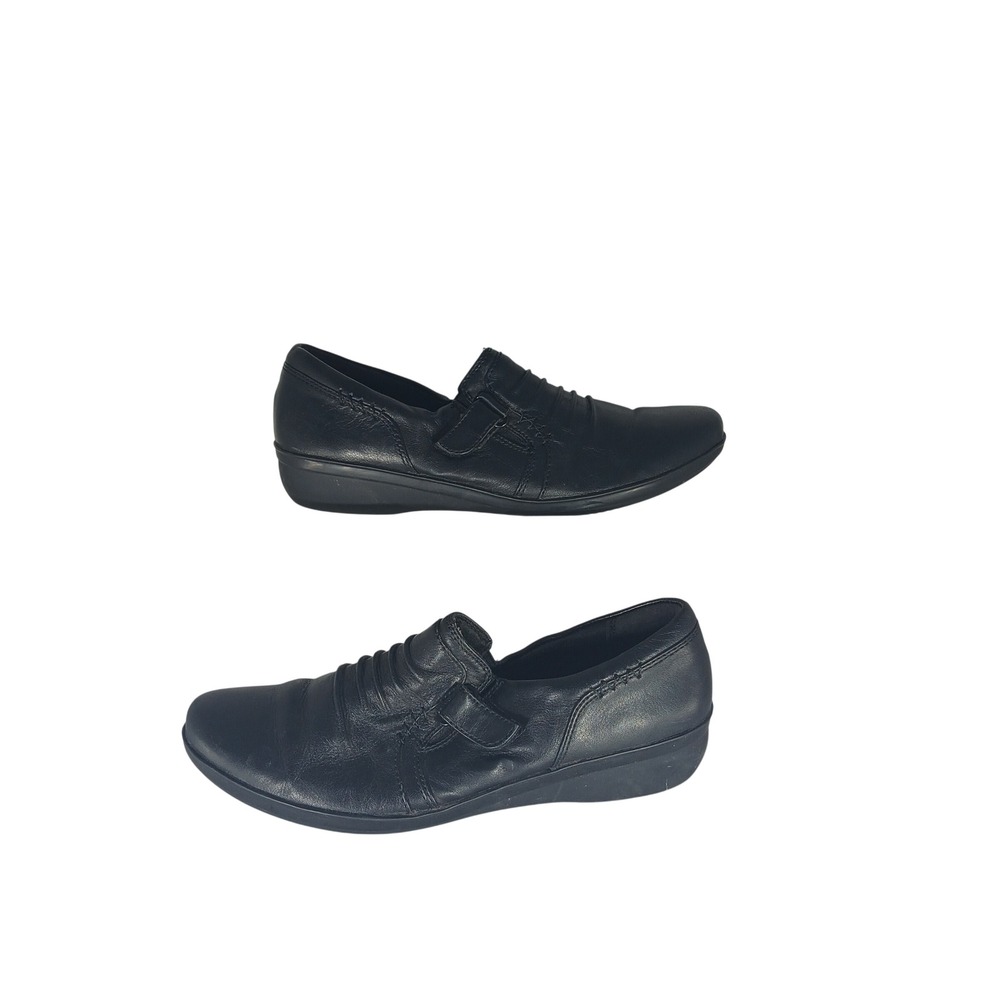 Clarks Collection Leather Slip On Loafers 9 Black Ruched Comfort Wedge 26111992